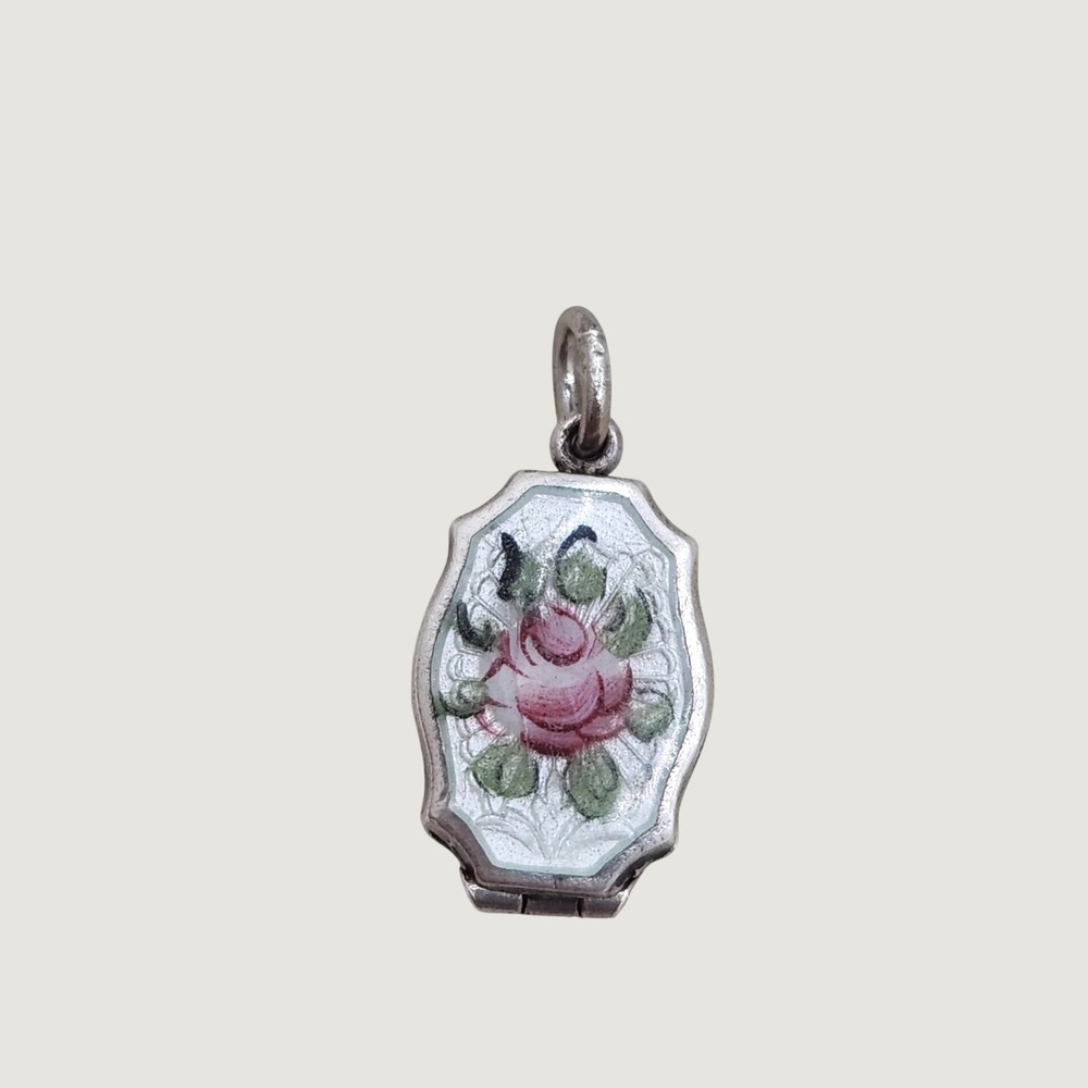Vintage Sterling Silver Guilloche Rose Locket Pendant Dainty 925 Enamel Charm